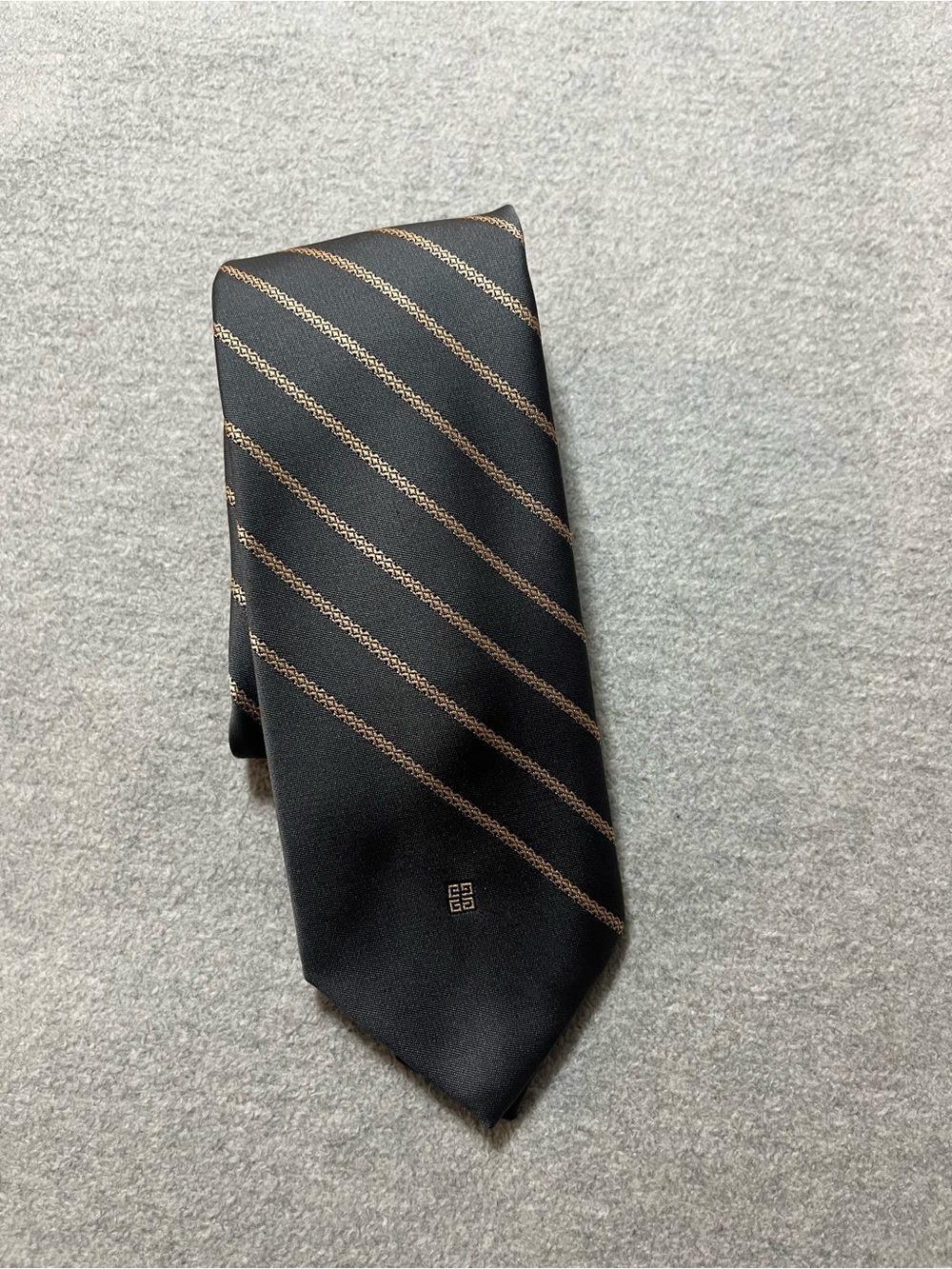 Vtg Givenchy Gray Tie with bronze woven Diagonal Stripes.